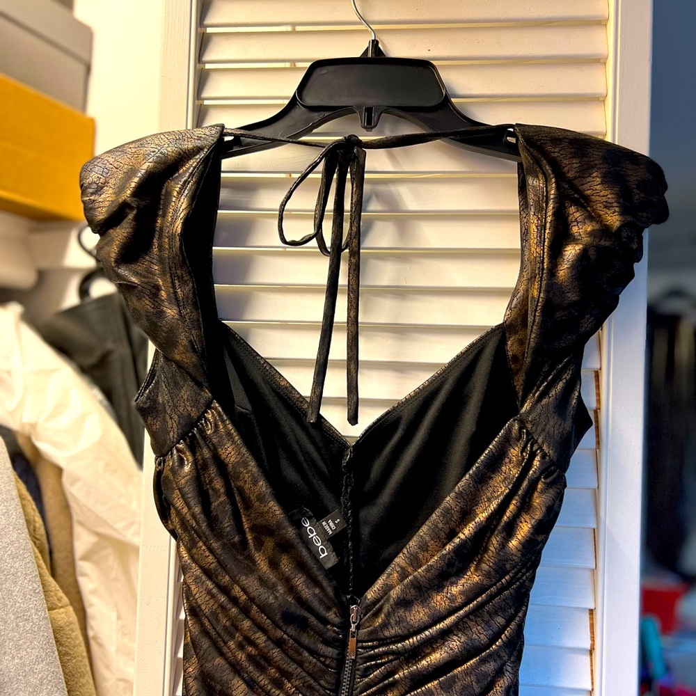 Bebe Metallic animal print ruched dress